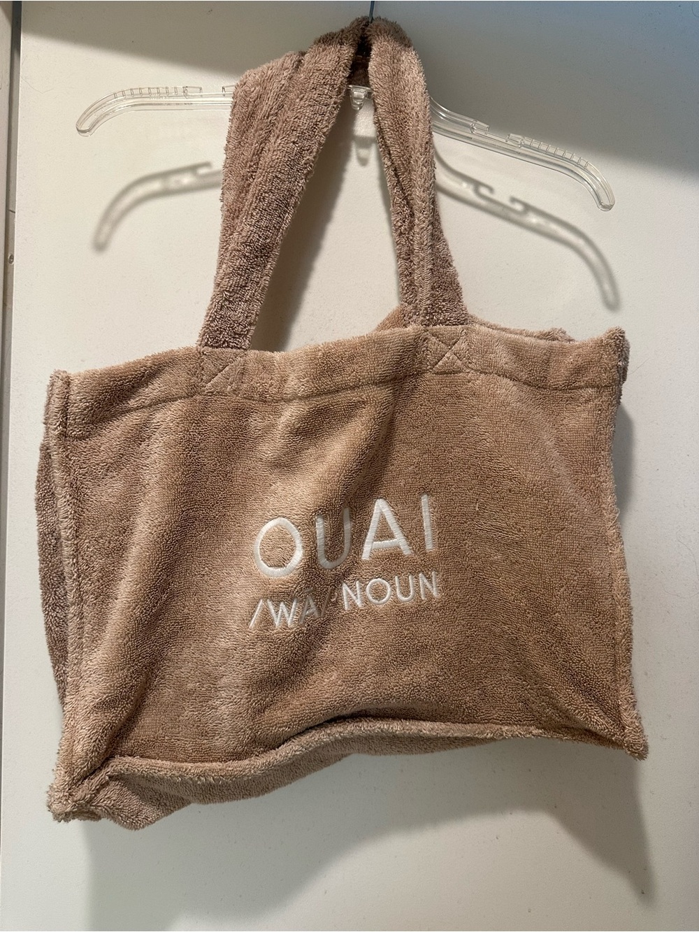 OUAI Plush Tote Bag in Taupe Brown with White Logo